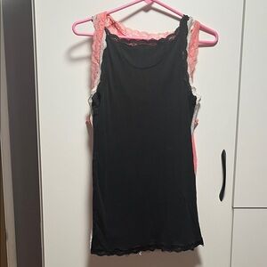 American Eagle Outfitters Black Muscle Tee with Pink and White Lace